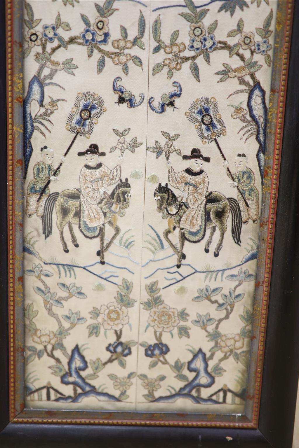 A pair of Chinese sleeve panels (single black frame), width 16cm, height 50cm and another, larger